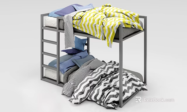 Gray Metal Frame Bunk Bed With Yellow White Striped And Black White Zigzag Bedding 3d model 