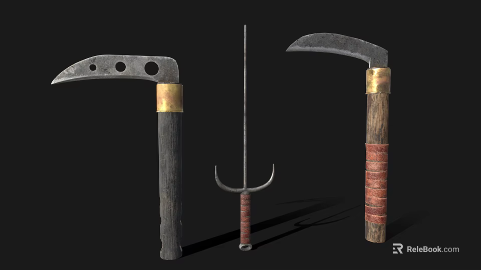 Traditional Agricultural Farming Tools Featuring Sickle Fork Designs And Wooden Metal Handles 3d model 