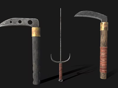 Traditional Agricultural Farming Tools Featuring Sickle Fork Designs And Wooden Metal Handles 3d model