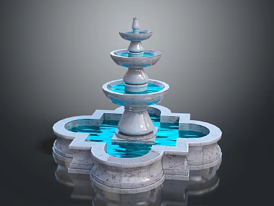 Multi Tiered Marble Fountain With Blue Water And Decorative Round Base Design 3d model