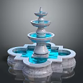 Multi Tiered Marble Fountain With Blue Water And Decorative Round Base Design