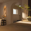 Minimalist Foyer Hallway Design With Arched Doorway Sofa And Artwork