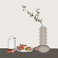 Minimalist White Vase With Green Leafy Branch And Fresh Peaches On Table