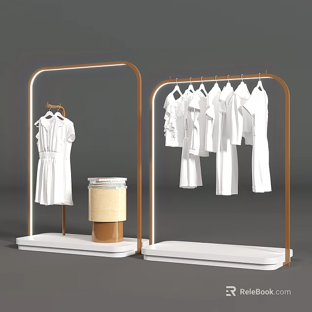 Art Installation Featuring Golden Frame Clothing Racks With White Garments And Lamp Display Stand 3d model 