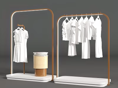 Art Installation Featuring Golden Frame Clothing Racks With White Garments And Lamp Display Stand 3d model