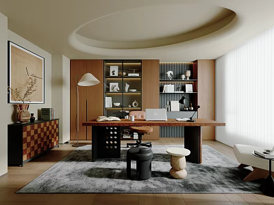 Modern Home Office Interior With Wooden Desk Bookshelves Comfortable Chair And Area Rug 3d model