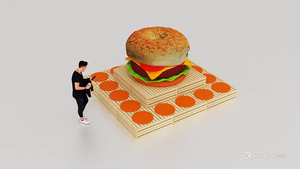 Floral Installation Art Featuring Giant Burger Model On Wooden Base With Orange Accents And Person Viewing 3d model 