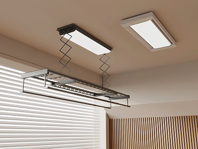 Modern Ceiling Drying Rack With Metal Frame And LED Light Fixture 3d model