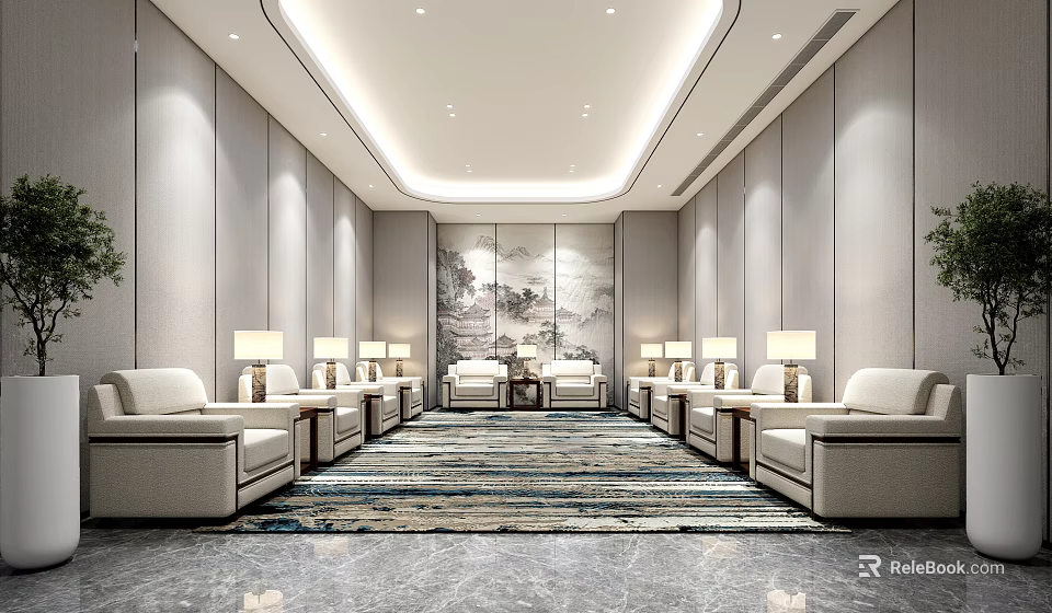 Elegant Modern Conference Room Interior Design With Comfortable Sofas Patterned Carpet And Decorative Wall Art 3d model