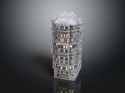 Contemporary Multistorey Building Architectural Design With Glass Facade Illuminated Interiors And Red White Signboards 3d model