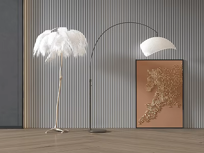 Modern Stylish Floor Lamps With Feather Design And Arc Against Striped Wall And Decorative Painting 3d model