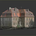 Historic Two Story Building with Red Roof Brick Exterior Windows and Front Porch Greenery