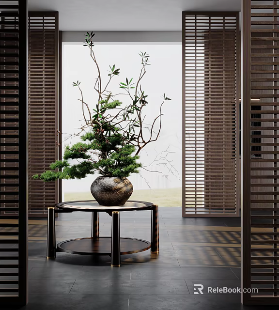 Ceramic Vase With Natural Branches And Green Foliage On Round Metal Table With Wooden Shutters 3d model 