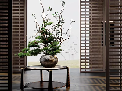 Ceramic Vase With Natural Branches And Green Foliage On Round Metal Table With Wooden Shutters 3d model