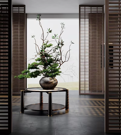 Ceramic Vase With Natural Branches And Green Foliage On Round Metal Table With Wooden Shutters 3d model