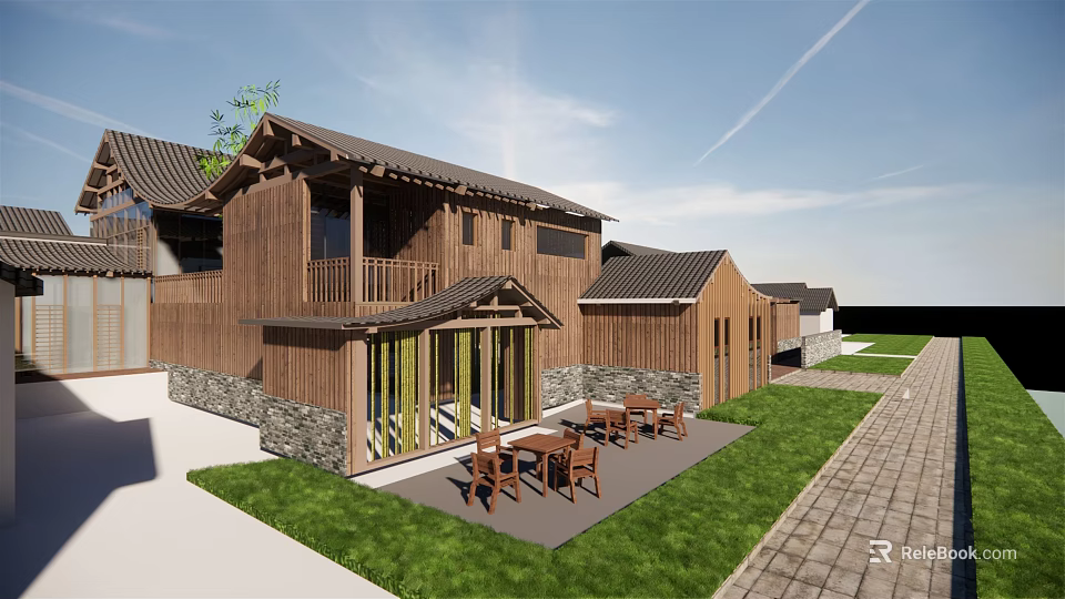 Boutique Guesthouse Building With Wooden Structure Terrace Outdoor Dining Tables Lawn And Stone Paved Path 3d model 