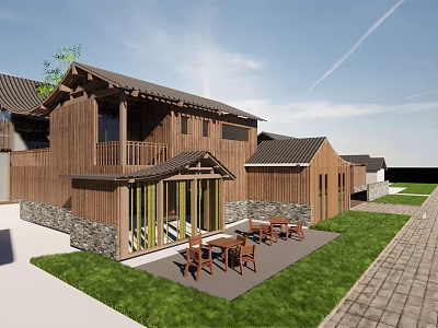 Boutique Guesthouse Building With Wooden Structure Terrace Outdoor Dining Tables Lawn And Stone Paved Path 3d model