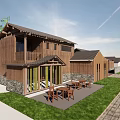 Boutique Guesthouse Building With Wooden Structure Terrace Outdoor Dining Tables Lawn And Stone Paved Path