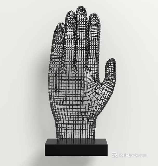Black Wire Mesh Hand Sculpture With Geometric Grid Design And Base 3d model 