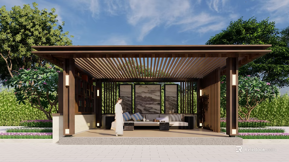 Outdoor Wooden Pergola with Lattice Roof Green Plants Blue Sky and Sofa 3d model 