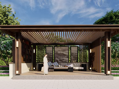 Outdoor Wooden Pergola with Lattice Roof Green Plants Blue Sky and Sofa 3d model