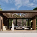 Outdoor Wooden Pergola with Lattice Roof Green Plants Blue Sky and Sofa