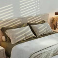 Double Bed Bedroom Interior With Bedspread Pillows Nightstand Lamp Blinds And Sunlight