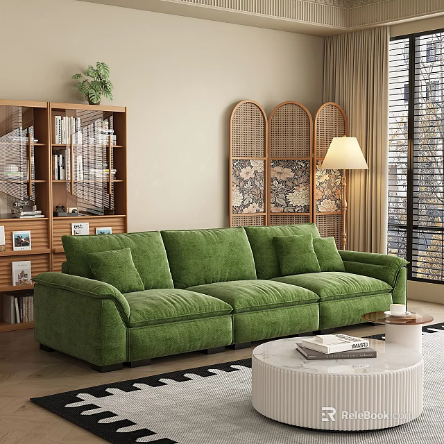 Green Velvety Sectional Sofa in Living Room with Bookshelf Rattan Divider and Floor Lamp 3d model 