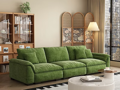 Green Velvety Sectional Sofa in Living Room with Bookshelf Rattan Divider and Floor Lamp 3d model