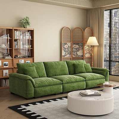 Green Velvety Sectional Sofa in Living Room with Bookshelf Rattan Divider and Floor Lamp 3d model
