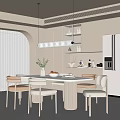 Cream Style Restaurant Dining Table and Chair Combination Rectangular Dining Table and Chair Cream Style Dining Table and Chair Sideboard Chandelier Rock Board Dining Table Lamb Fleece Dining Chair 3d model