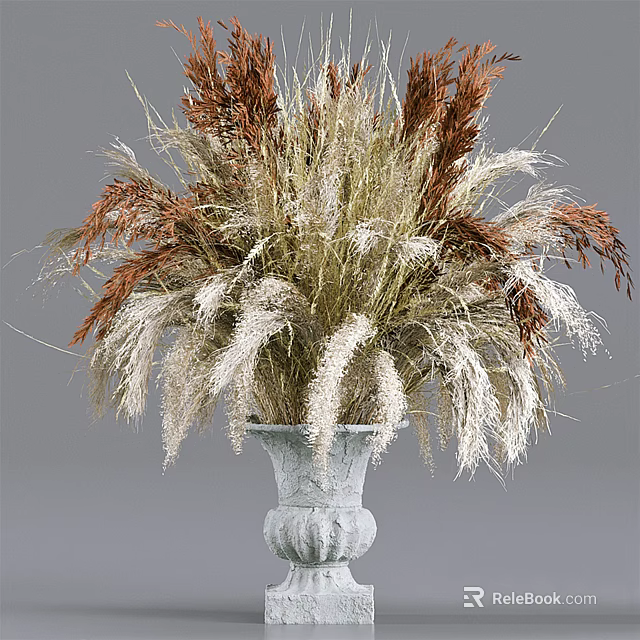 Gray Ornate Vase With Dried Brown And White Pampas Grass Arrangement 3d model 
