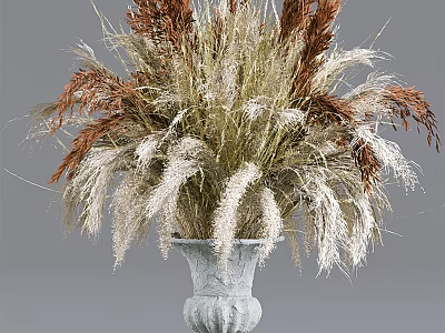 Gray Ornate Vase With Dried Brown And White Pampas Grass Arrangement 3d model