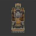 Yellow Bulldozer with Tracks and Large Blade Worn Metal Structure and Cab on Gray Background