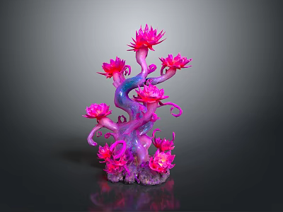 Vibrant Fantasy Plant With Pink Flowers And Twisted Purple Branches Artistic Design 3d model