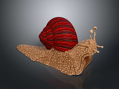 Reptile Snail With Red Striped Shell And Brown Cracked Textured Body On Dark Background 3d model
