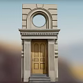 Classical Style Entrance Door With Stone Frame Round Window And Wooden Design
