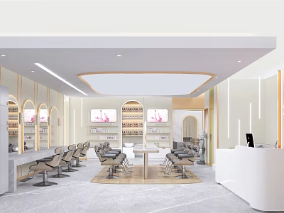 Modern Hair Beauty Salon Interior Design With Styling Chairs Mirrors Product Shelves And Reception Desk 3d model