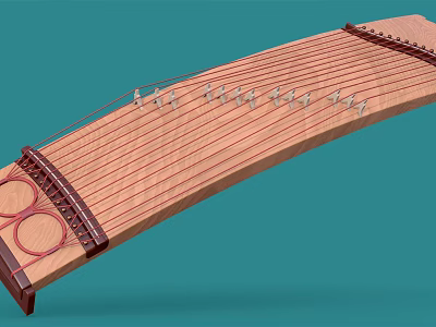Guzheng Traditional Chinese Stringed Instrument with Wooden Structure Strings and Decorative Elements on Blue Background 3d model