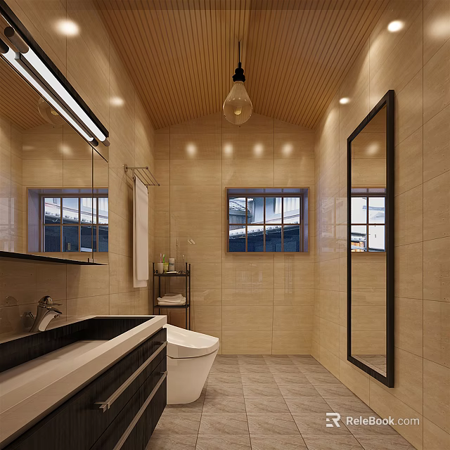 Warm Bright Beige Tiled Bathroom With Wooden Ceiling Full Length Mirror And Modern Functional Fixtures 3d model 