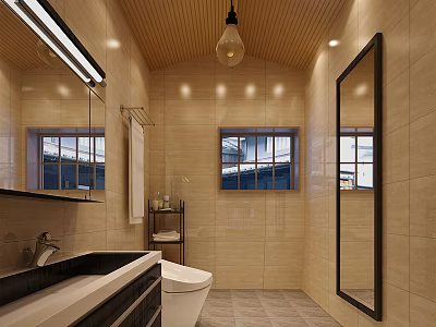 Warm Bright Beige Tiled Bathroom With Wooden Ceiling Full Length Mirror And Modern Functional Fixtures 3d model