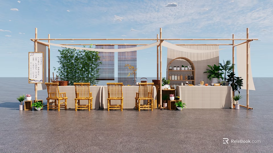Outdoor Bamboo Structure With Wooden Chairs Plants And City Skyline View 3d model 