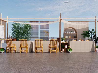 Outdoor Bamboo Structure With Wooden Chairs Plants And City Skyline View 3d model