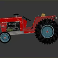 Red Toy Tractor With Yellow Seat Large Black Tires And Blue Rims
