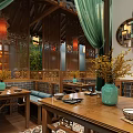 Traditional Chinese Restaurant With Hanging Lanterns Bamboo Decor Wooden Screen And Mapo Tofu Mural