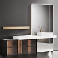 White Marble Countertop Bathroom Sink With Gold Faucet Round Mirror Wooden Cabinet And Dark Wall