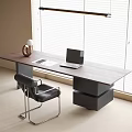 Modern Wooden Desk Interior With Laptop Lamp Notebook And Black Leather Chair By Window Blinds
