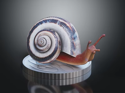 Snail With Striped Spiral Shell On Silver Euro Coin Isolated On Dark Background 3d model