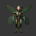 Fantasy Insectoid Creature With Green Wings Red Eyes Gold Exoskeleton Antennae And Mechanical Legs
