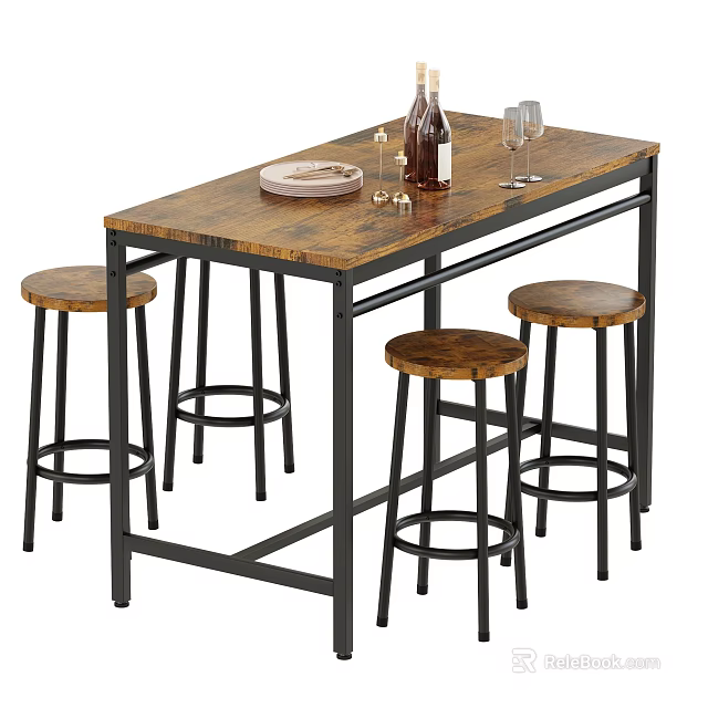 Rustic Wooden Top Dining Table Set With Metal Frame And Four Bar Stools 3d model 